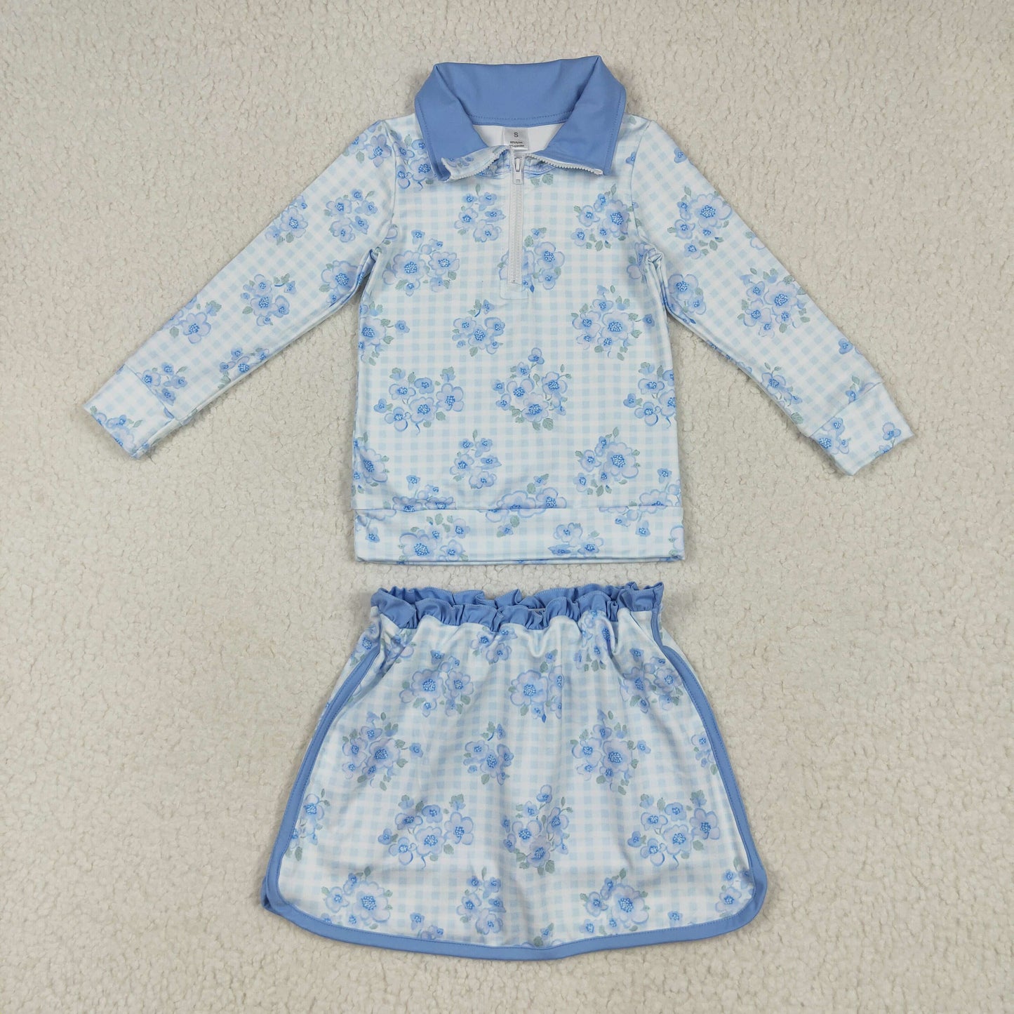 Baby Girl Long Sleeves Blue Flower Plaid Zipper Shirt Skort Yoga Active Clothes Set RTS