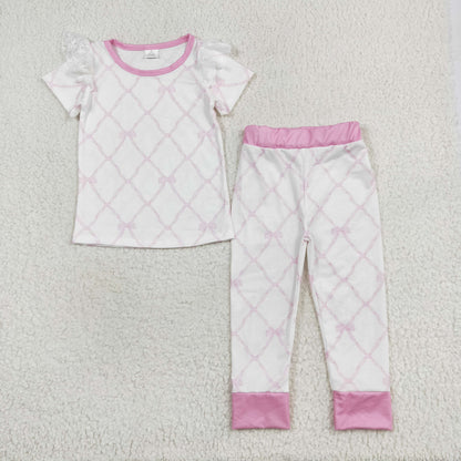 Baby Girl Bamboo Pink Bows Sibling Romper Pajamas Clothes Set