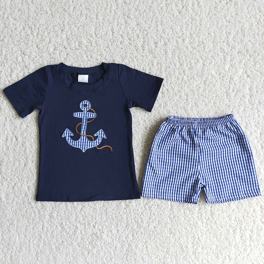 Promotion Baby Boy Embroidery Anchor Plaid Shorts Set