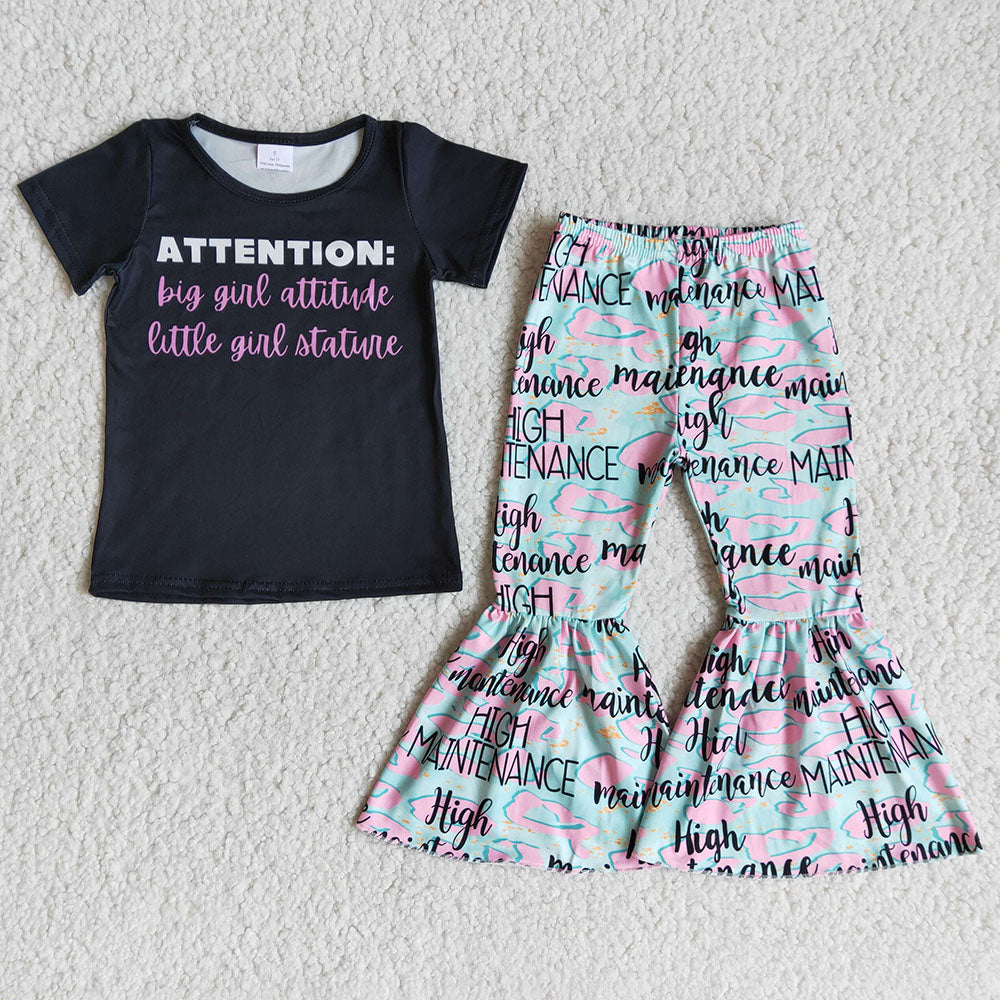 Promotion Baby Girl Black Attention Shirts Bell Pants Outfit