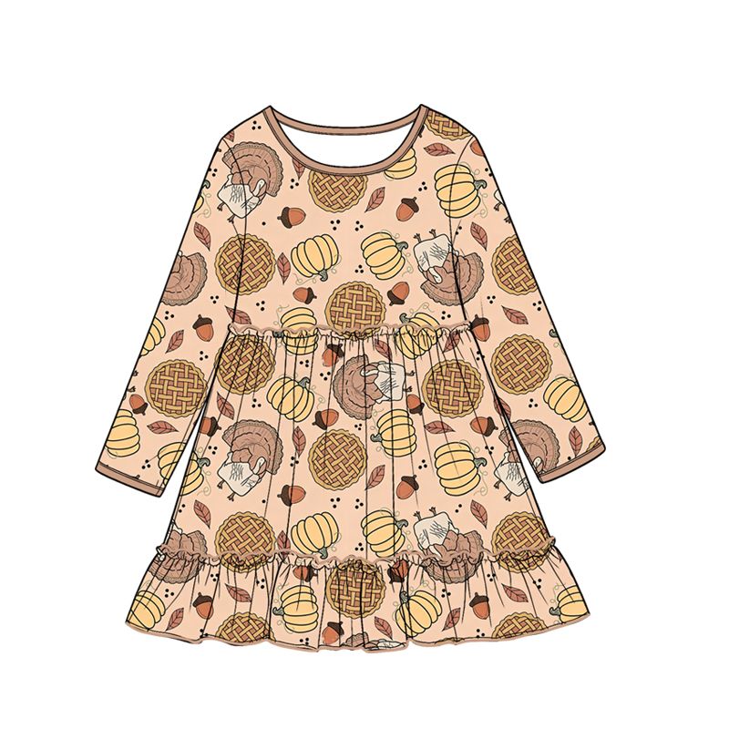 ( Moq 5 ) Preorder Baby Girls Kids Long Sleeves Pumpkins turkey Fall Knee Length  Dress