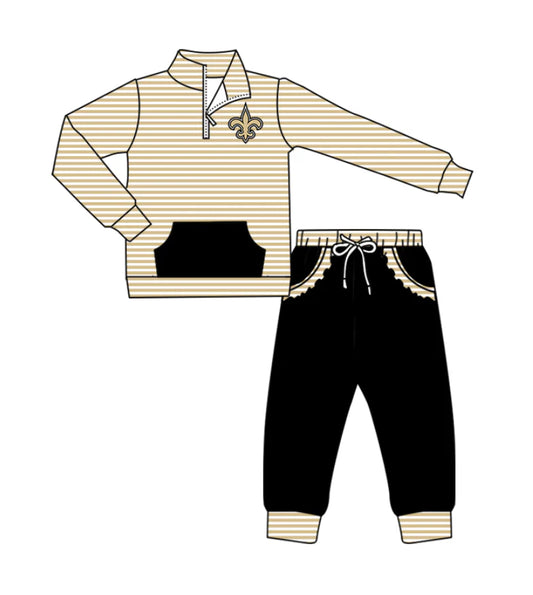 ( Moq 5 ) Baby Girls Toddler Stripes Long Sleeves Zipper Anchor Pullover Pockets Pants Team Clothes Outfit