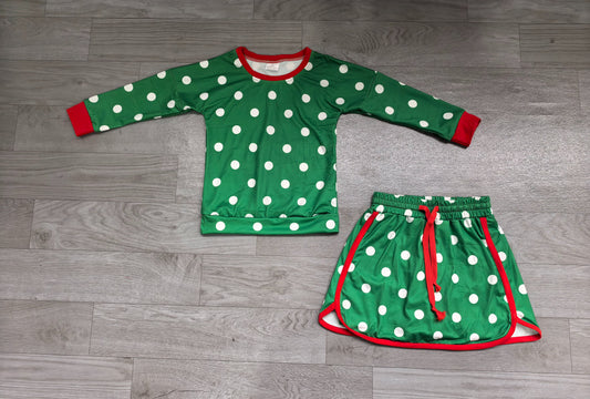 ( No moq ) Preorder Baby Girls Kids Long Sleeves Dots Shirt Skirt Shorts Green Set Christmas Clothes