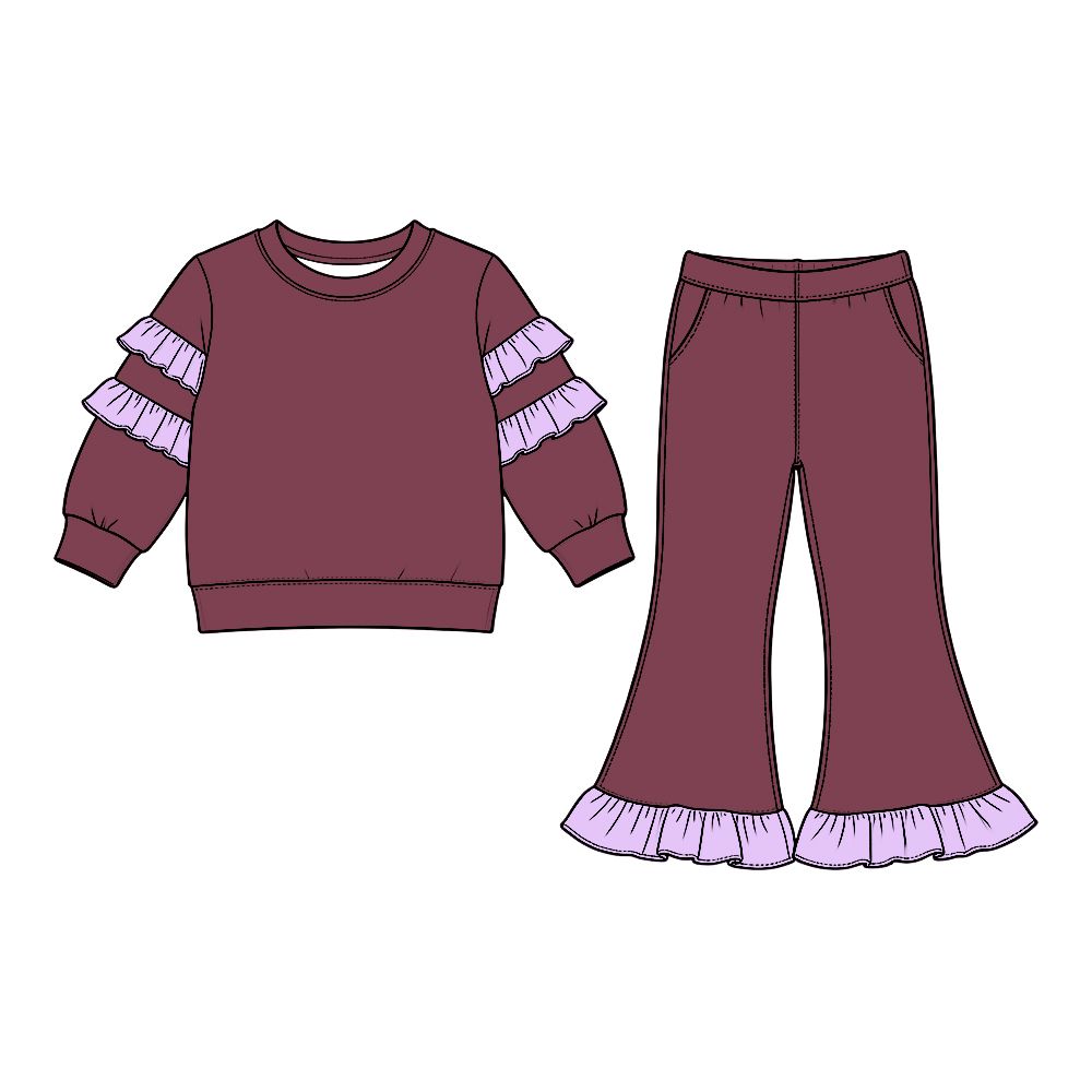 ( Moq 5 ) Preorder Baby Girls Kids Ruffle Long Sleeves Shirt Pockets Pants Cotton Set Clothes