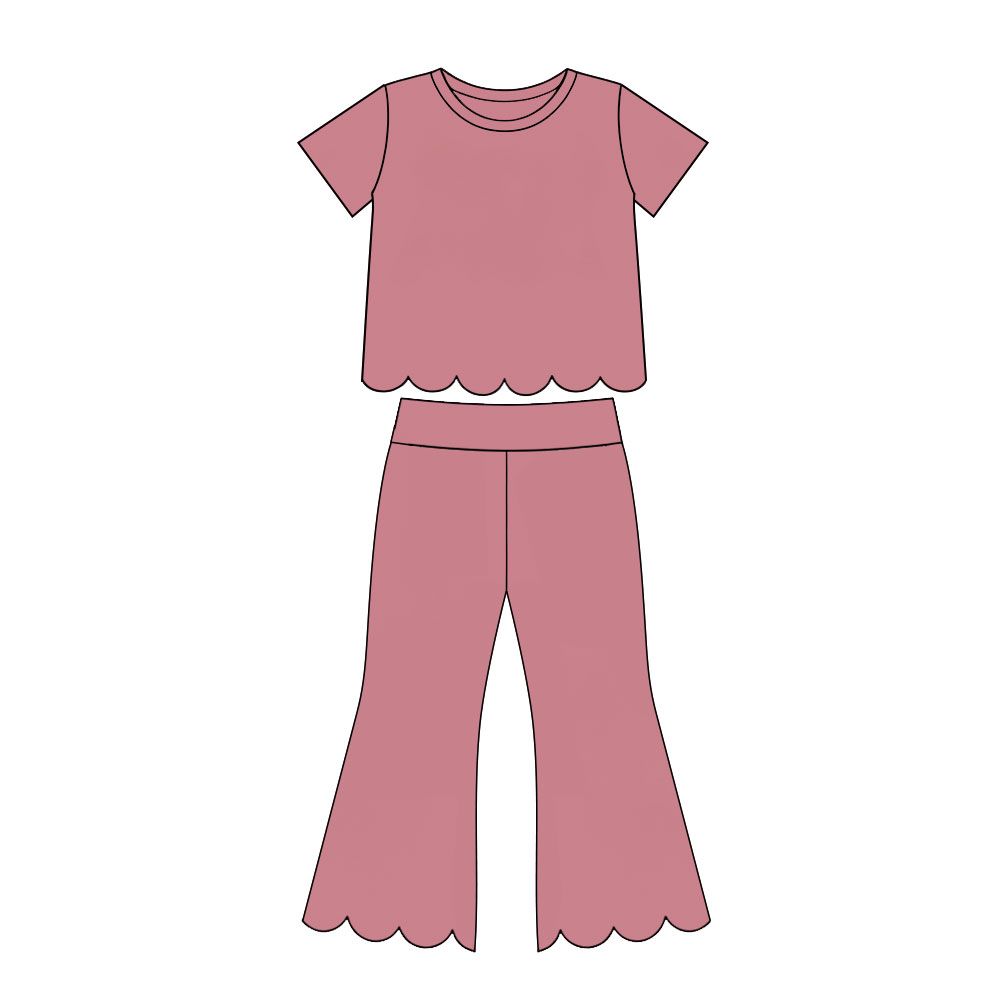 ( Moq 5 ) Preorder Baby Girls Kids Short Sleeves Pink Shirt Pants Scallop Set Clothes
