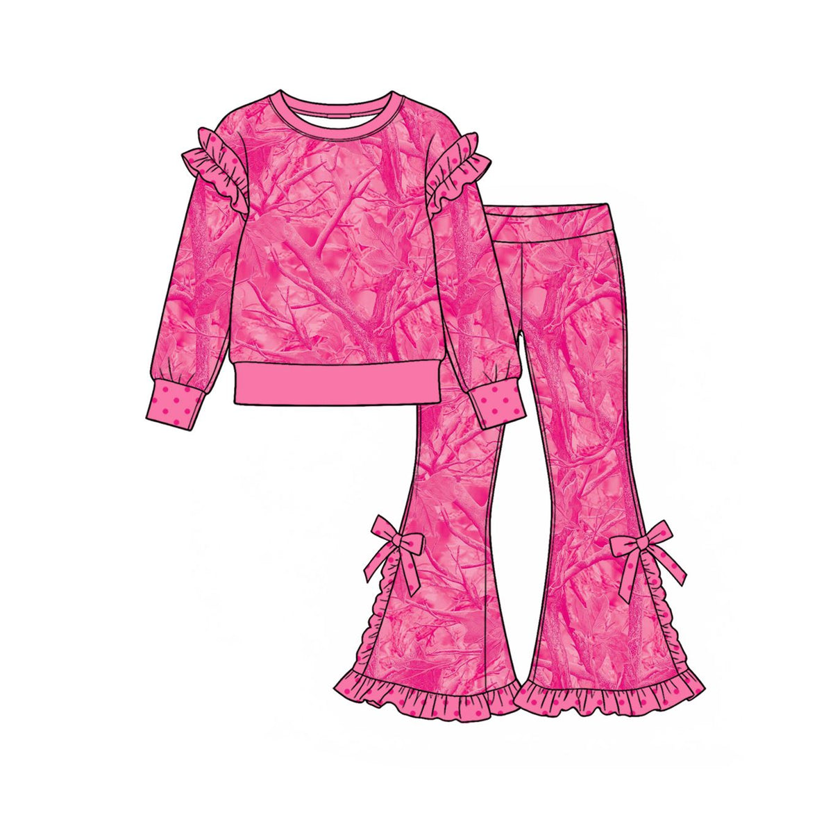 ( Moq 5 ) Preorder Baby Girls Kids Long Sleeves Leaves Shirt Bows Ruffle Pants Pink Set Camo Clothes