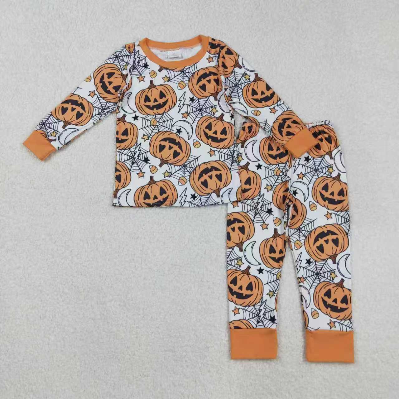 Boys Girls Toddler Long Sleeves Pumpkins Candy Corn Sibling Halloween Dress Footie Romper Set RTS