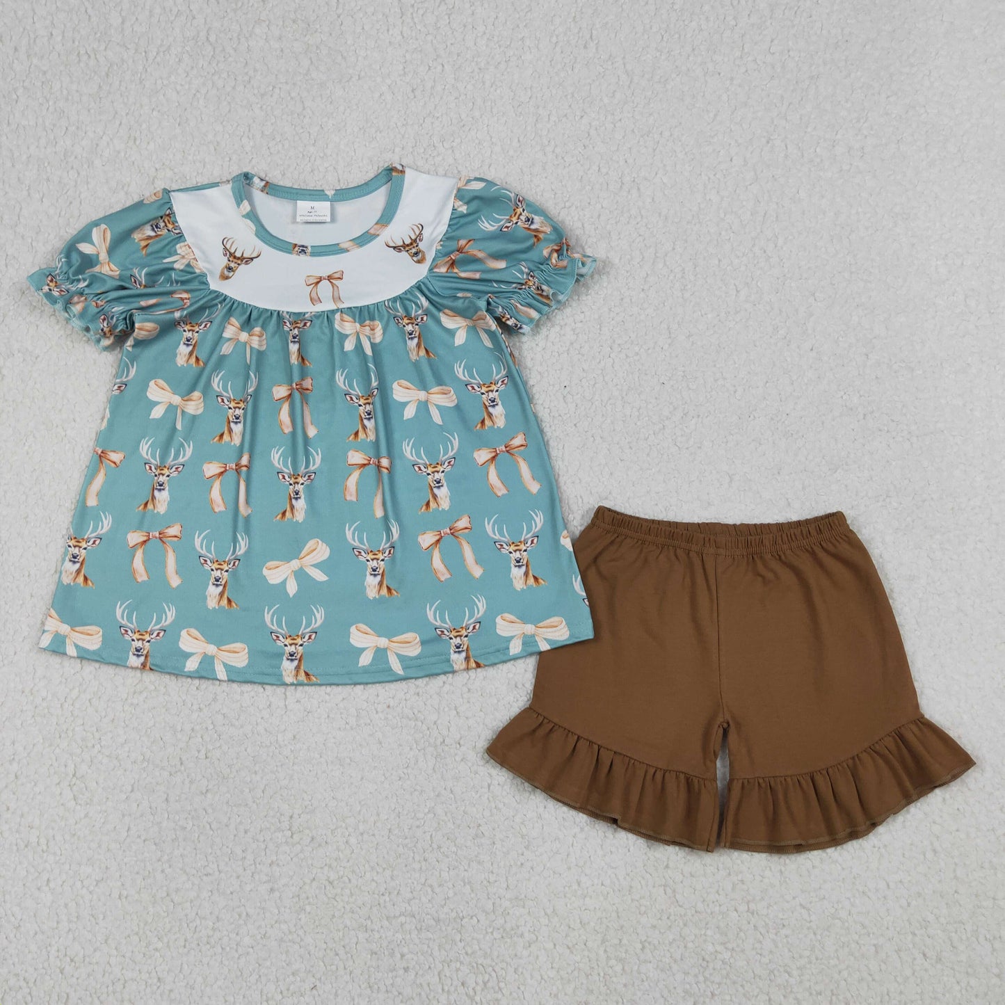Baby Girls Kids Short Sleeves Deer Bows Tunic Brown Ruffle Shorts Hunting Set RTS
