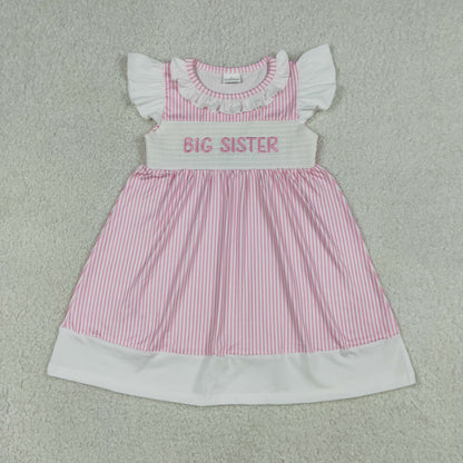 Sibling Baby Girls Short Sleeves Embroidery Smocked Big Sister Knee Length Dresses RTS