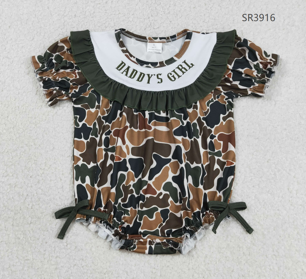 Baby Girls Short Sleeves Embroidery Daddy's Girl Brown Green Camo Bows Bubble Romper RTS