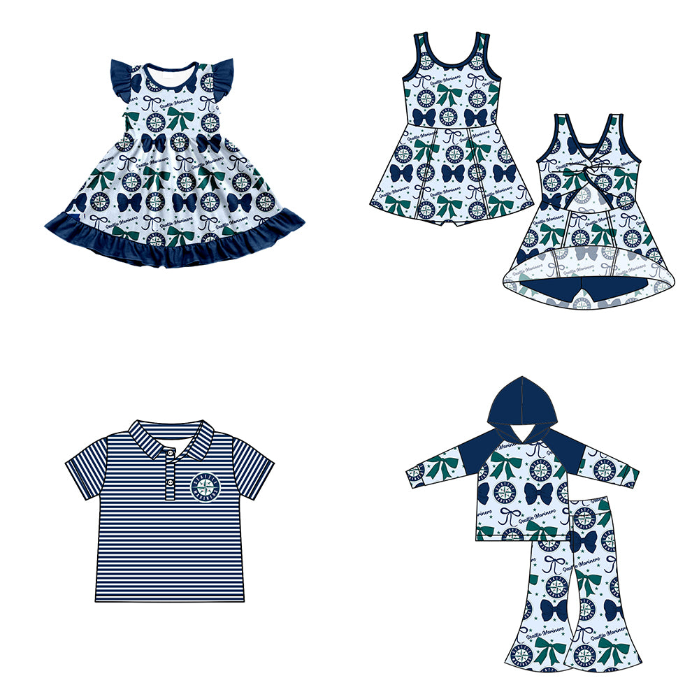 ( Moq 5 each style ) Baby Boy Girl Toddler Team Green Blue Bows ‌Sibling Shirt Dress Set 6.17