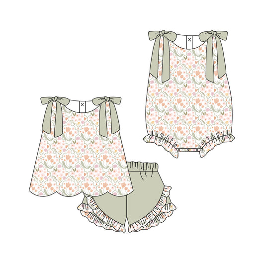 ( Moq 5 Each Style ) Sibling Baby Girls Kids Green Bows Flower Tops Shorts Summer Set Romper