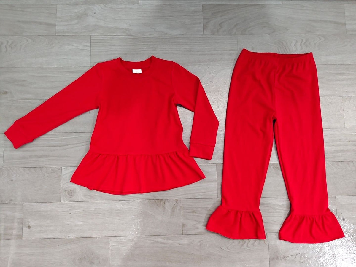 ( No moq ) Preorder Baby Girls Kids Long Sleeves Ruffle Tops Pants Red Set Cotton Clothes