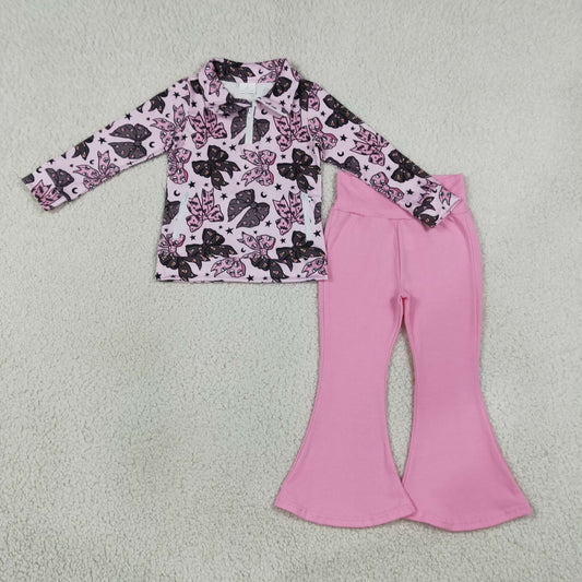 Baby Girls Kids Halloween Bows Zipper Pockets Tops Pink Pants Set Clothes RTS