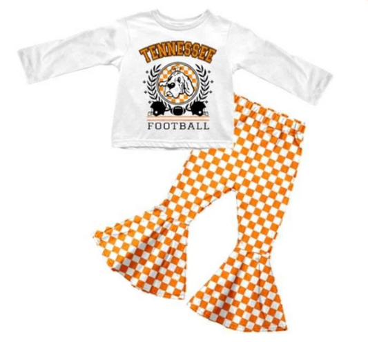 Baby Girl Team Long Sleeves Dog Shirt Orange Plaid Bell Pants Set