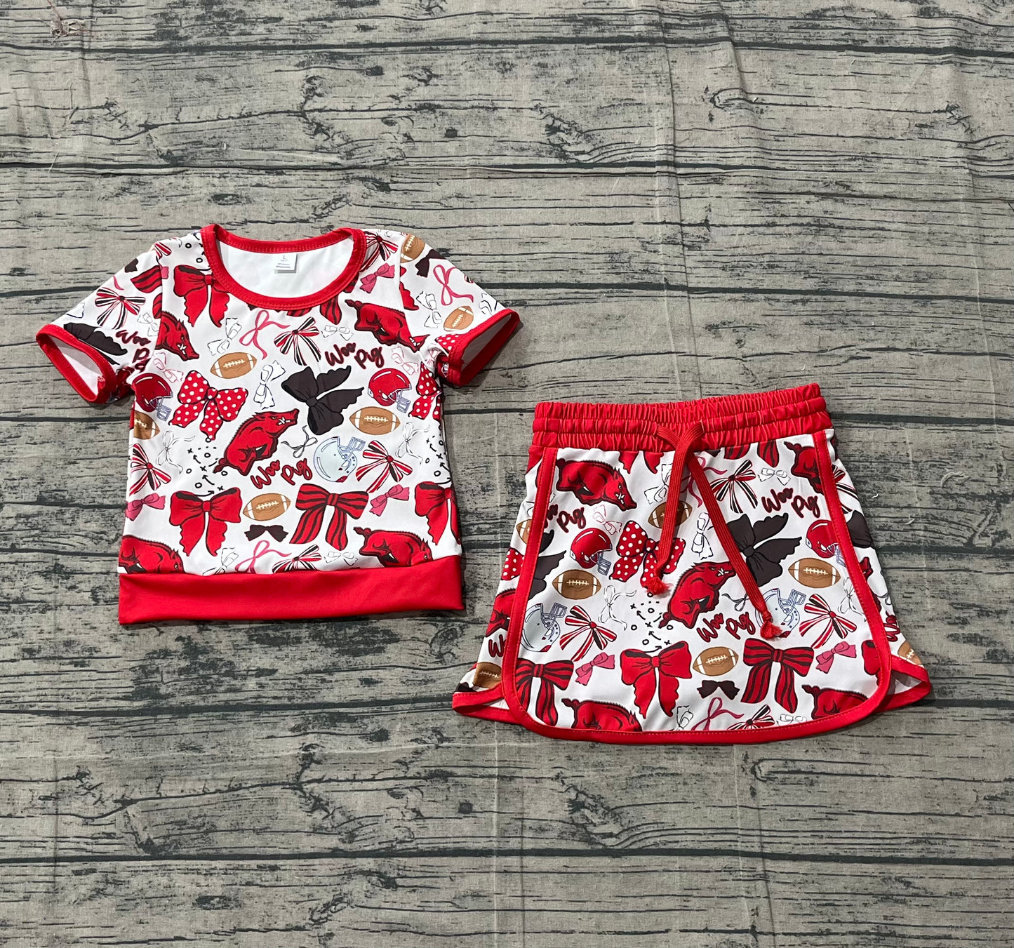 Baby Girls Toddler Short Sleeves Pigs Bows Football Team Shirt Shorts Yoga Red Set RTS