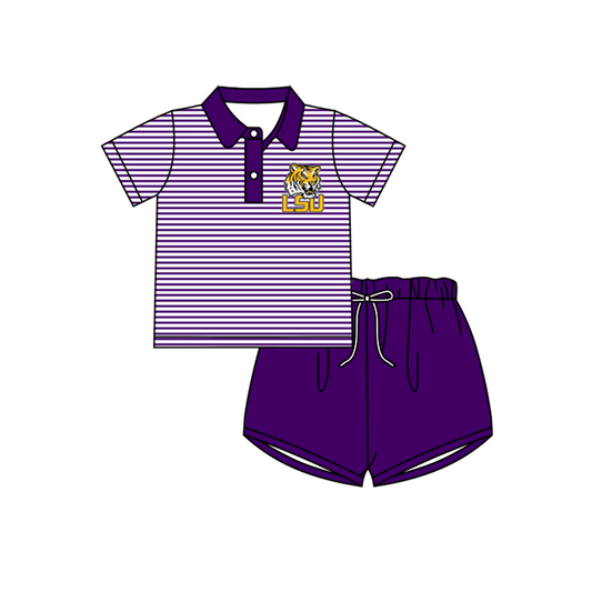 Baby Boy Short Sleeves Tiger Team Stripes Shirt Shorts Purple Clothes Set