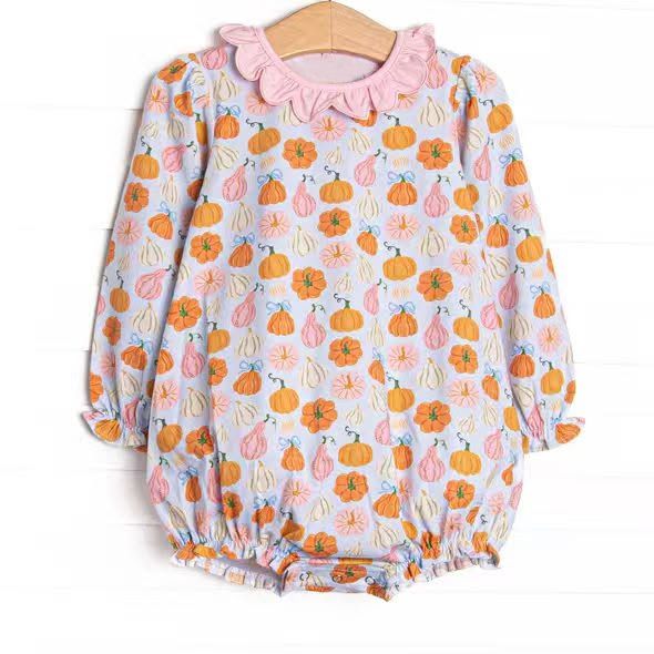 ( No moq ) Preorder Baby Girls Infant Long Sleeve Pumpkins Bows Ruffle Bubble Romper