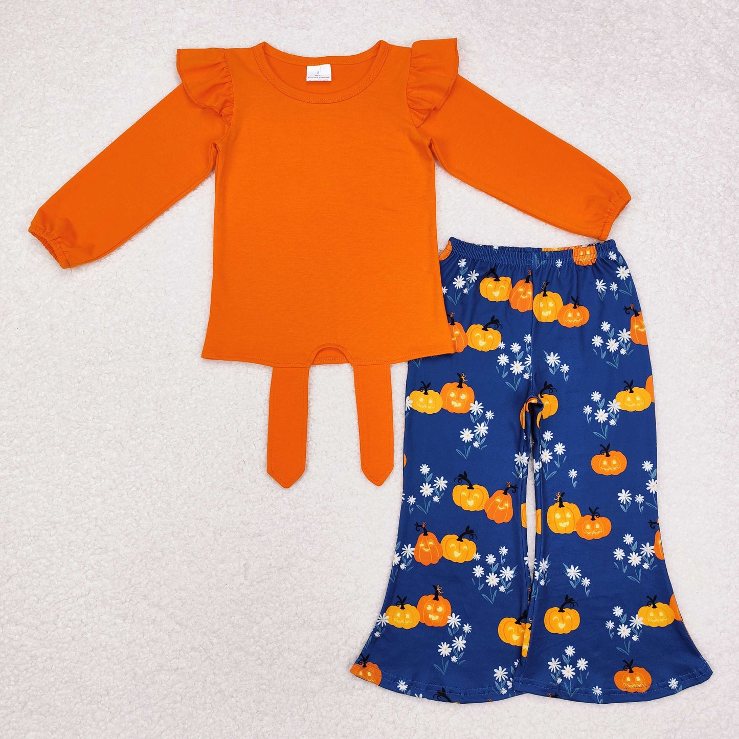 Baby Girls Orange Cotton Tops Pumpkin Flower Bell Pants Halloween Set