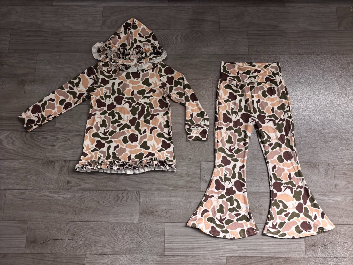 ( No moq ) Preorder Baby Girls Dogs Ducks Deer Camo Hoodie Pullover Bell Pants Clothes Set