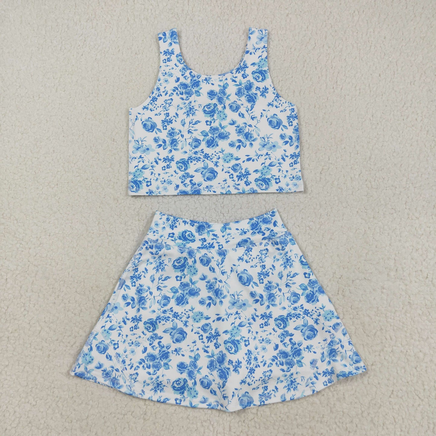 Baby Girl Sleeveless Blue Floral Tops Shorts Skirt Skort Yoga Active Wear Clothes Set RTS