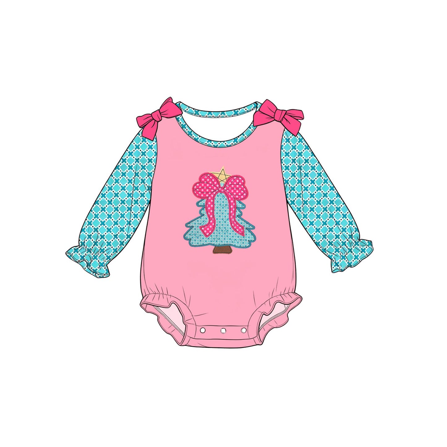 ( Moq 5 ) Preorder Baby Girls Infant Long Sleeves Bow Tree Christmas Bubble Romper Clothes