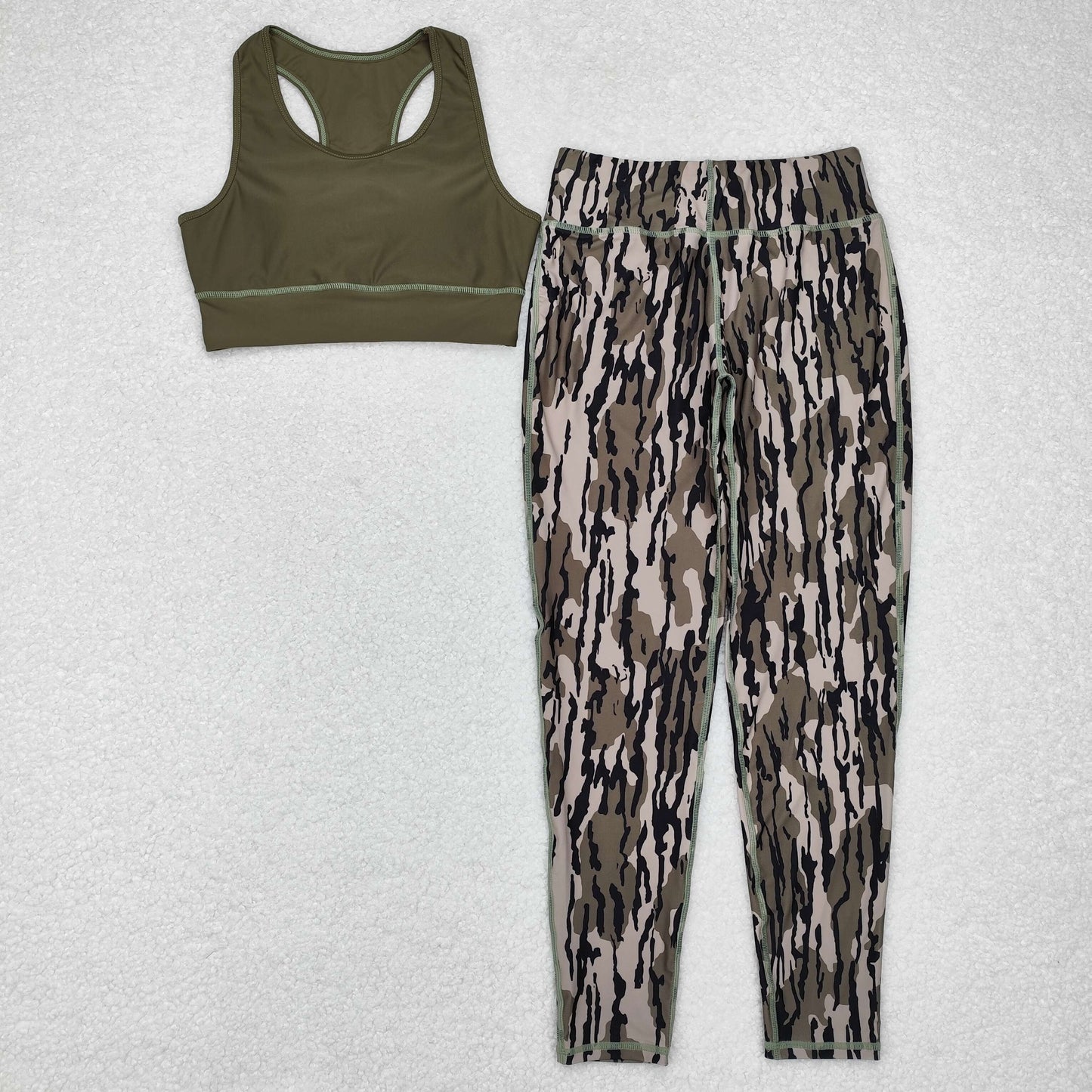 Adult Women Green Tops Camo Pants Yoga Sports Set