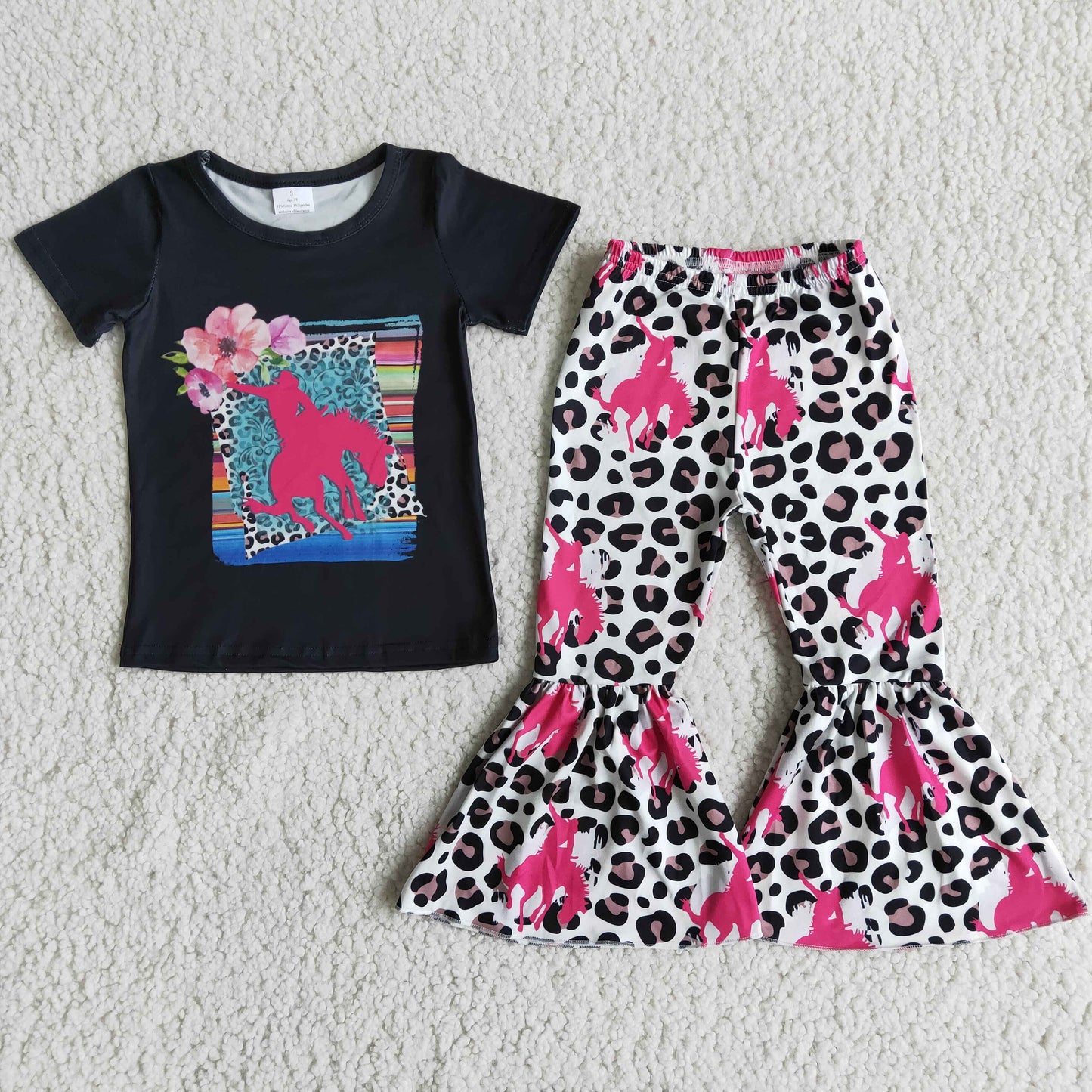 Promotion Baby Girl Western Horse Floral Leopard Bell Pants Outfit