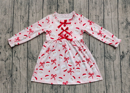 ( No moq ) Preorder Baby Girl Long Sleeves Santa Bows Hearts Christmas Ruffle Knee Length Dress