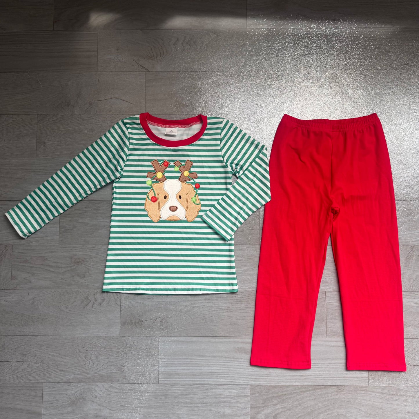( No moq ) Preorder Baby Boys Kids Embroidery Dog Stripes Shirt Red Pants Set Christmas Clothes