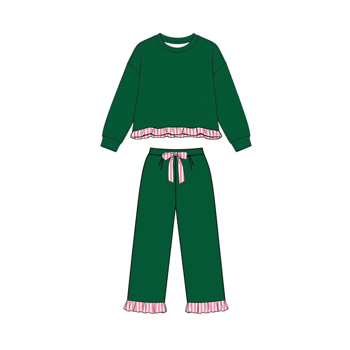 ( Moq 5 ) Preorder Baby Girls Kids Long Sleeves Green Shirt Pockets Pants Set Sweatsuit‌ Clothes