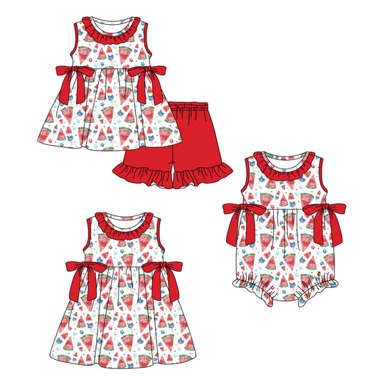 ( Moq 5 Each Style ) Baby Girls Kids Watermelon Sibling 4th of July Romper Dress Set