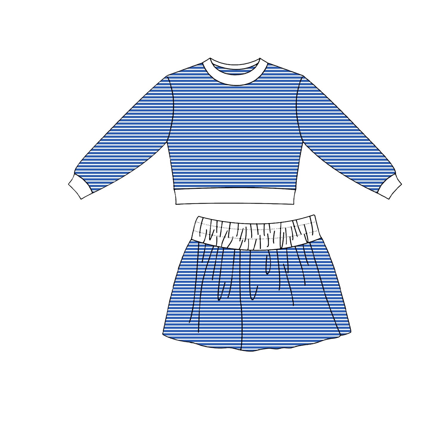 ( Moq 5 ) Preorder Baby Girls Kids Long Sleeves Blue Stripes Shirt Skirt Shorts Set Yoga Active Clothes