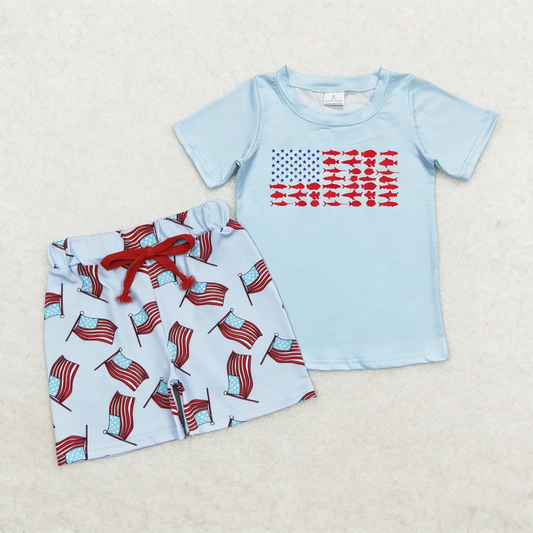 Baby Boys Kids Short Sleeves Blue Shirt Flags Shorts 4th of July Clothes Set RTS