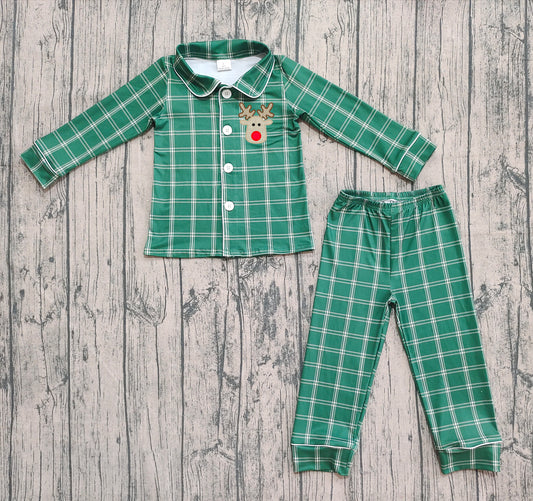 Pre-order Baby Boy Long Sleeves Christmas Embroidery Deer Plaid Buttons Shirt Pants Green Pajamas Set（ No moq ）
