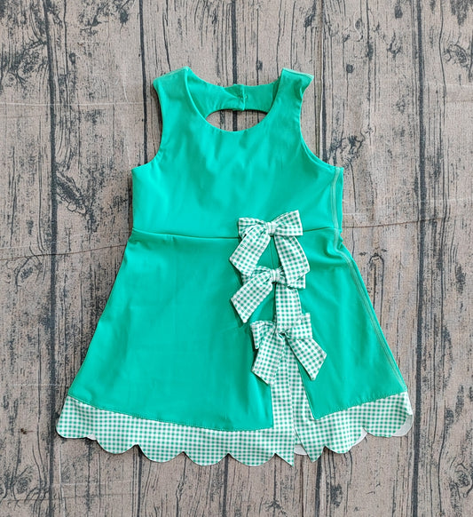 ( No moq ) Preorder Baby Girls Sleeveless Green Plaid Bows with Shorts Yoga Scallop Dress
