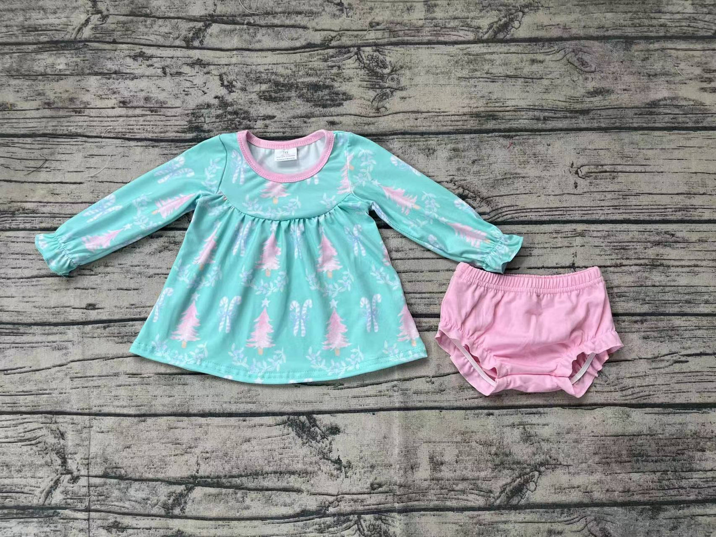 Baby Girl Christmas Tree Tunic Tops Pink Bummies Set