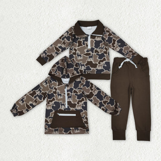 Sibling Boys Kids Long Sleeves Deer Camo Zipper Pullover Pockets Shirt Set Clothes RTS
