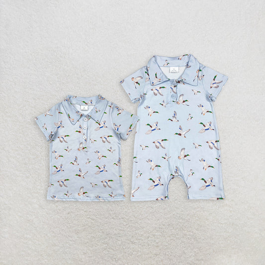 Baby Boy Toddler Short Sleeves Ducks Buttons Romper Shirt Sibling Clothes RTS