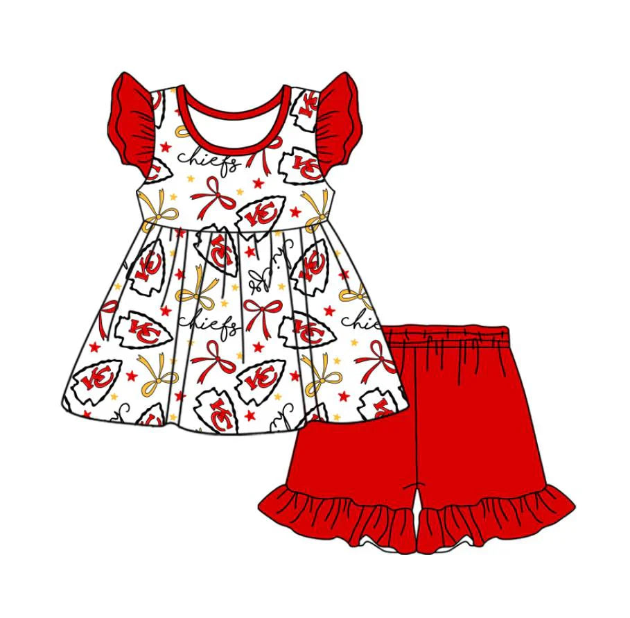 Baby Girl Short Sleeves Team KC Bows Tunic Red Shorts Clothes Set ( Moq 5 )