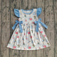Baby Girls Kids Short Sleeves Rabbits Blue Bows Easter Knee Length Dress RTS