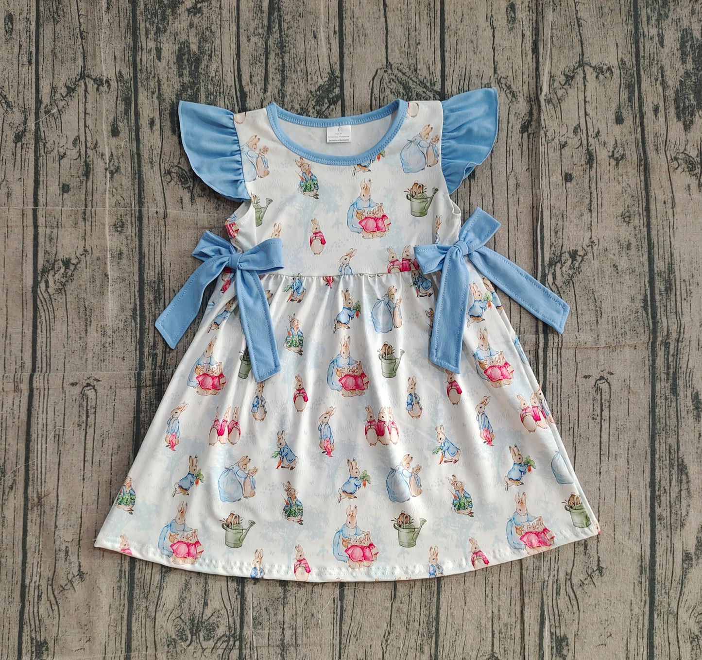Baby Girls Kids Short Sleeves Rabbits Blue Bows Easter Knee Length Dress RTS