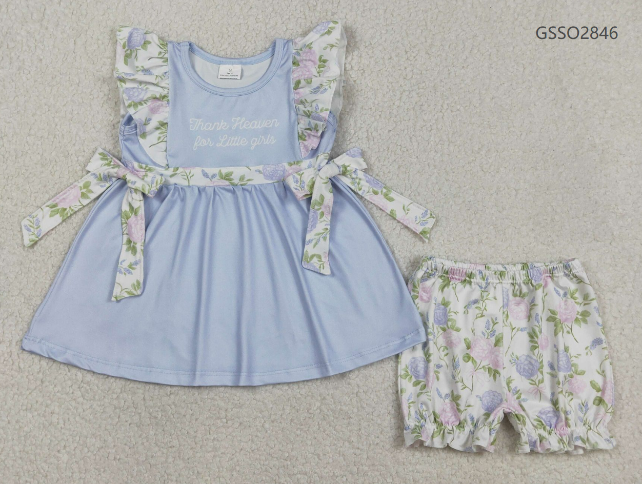 Baby Girls Kids Thank Heaven Bows Blue Tunic Floral Shorts Clothes Set RTS