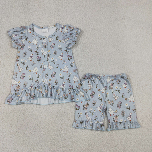 Baby Girls Kids Short Sleeves Flower Goose Tops Ruffle Shorts Set Clothes RTS
