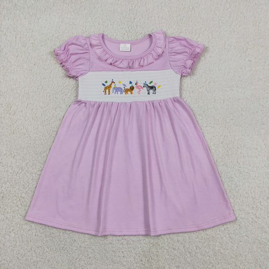 Baby Girls Kids Short Sleeves Embroidery Smocked Animals Purple Knee Length Dress RTS