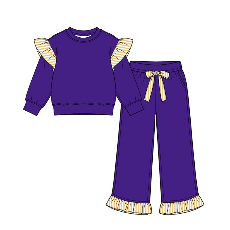 ( Moq 5 ) Preorder Baby Girls Kids Long Sleeves Ruffle Tops Pockets Pants Cotton Set Purple Clothes