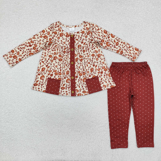 Baby Girl Long Sleeves  Brown Flower Tunic Pants Clothes Set