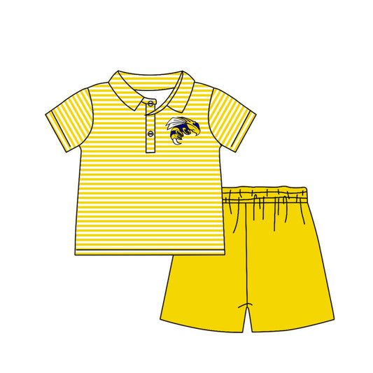 Baby Boy Short Sleeves Team Stripes Buttons Shirt Yellow Shorts Set Moq 5