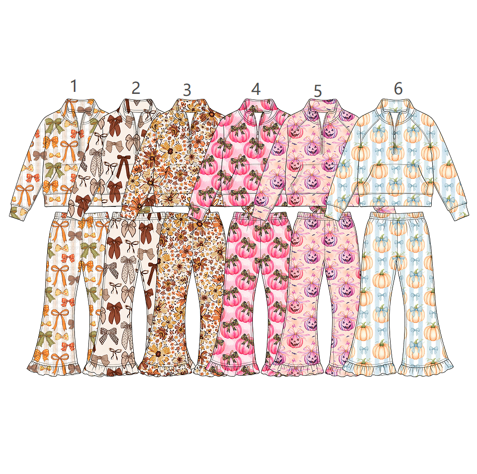 ( Moq 5 Each Style ) Sibling Baby Girls Kids Long Sleeves Zipper Shirts Pants Bows Pumpkins Fall Sets Clothes