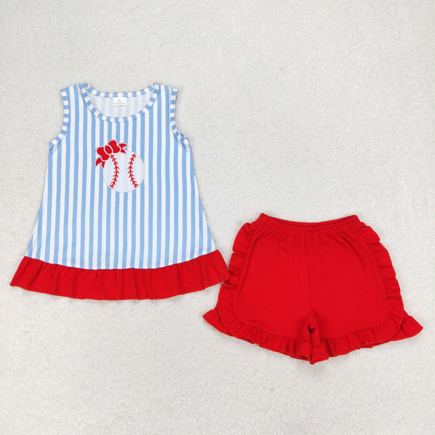 Baby Girl Embroidery Baseball Blue Stripes Tops Red Shorts Set